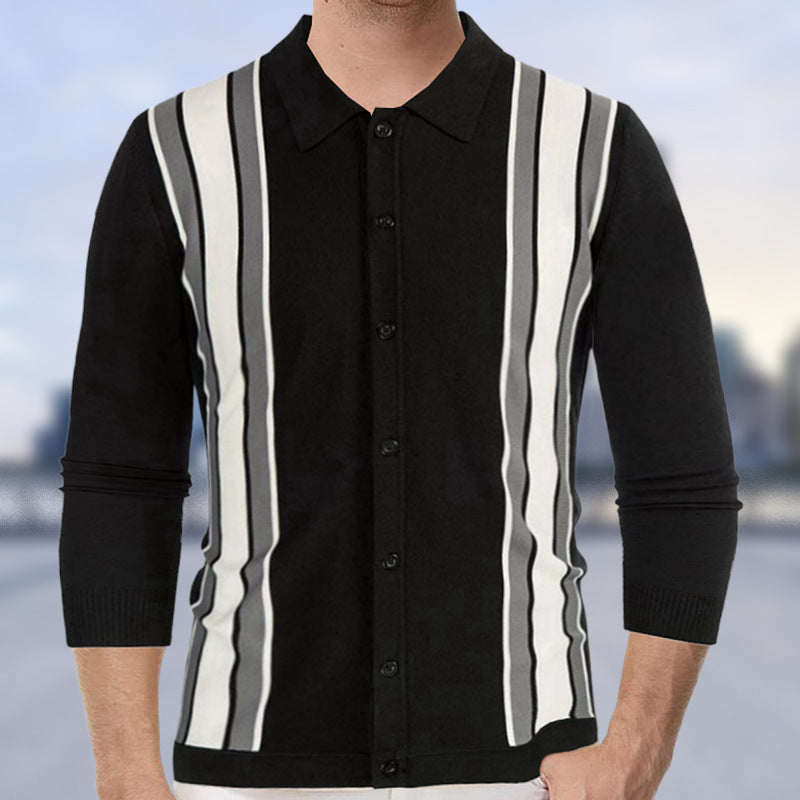 Men's Spring Thin Knitted Shirt Stripe Splicing