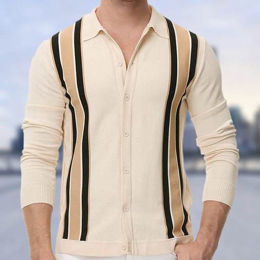 Men's Spring Thin Knitted Shirt Stripe Splicing