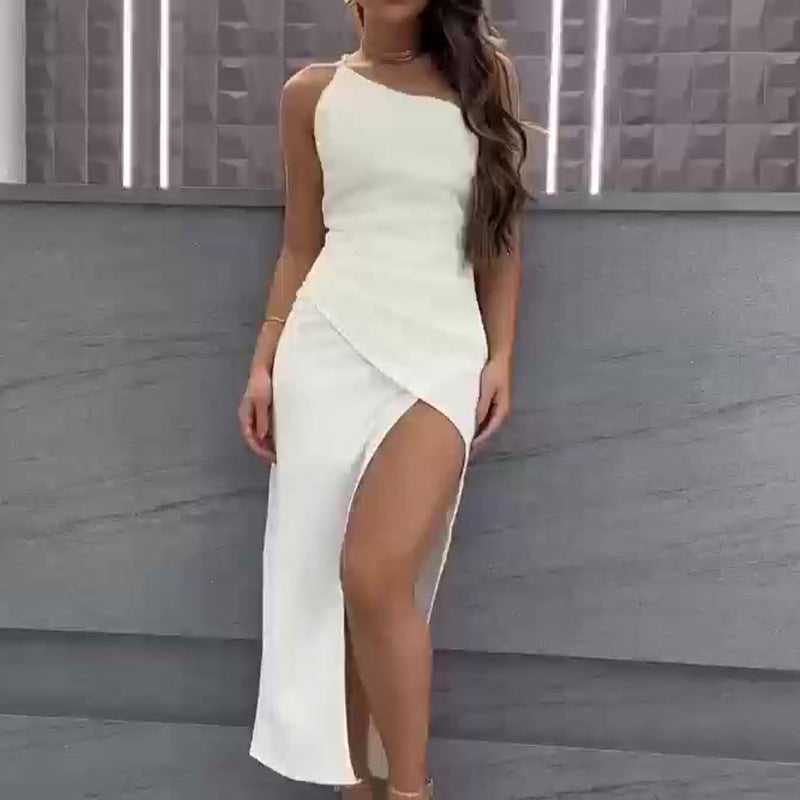 European And American Diagonal Collar Shoulder Sexy Slit Dress