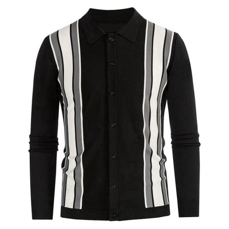 Men's Spring Thin Knitted Shirt Stripe Splicing