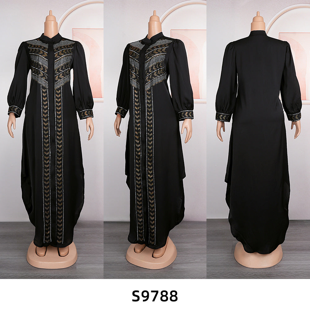 Women's Black Rhinestone Robe African Beaded Cardigan Plus Size Dress