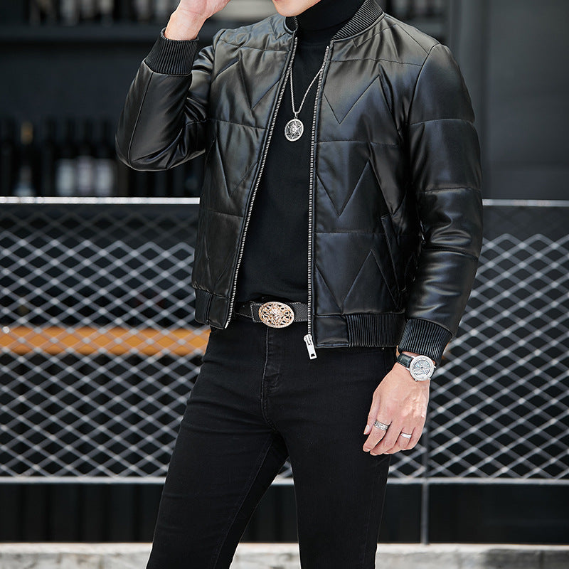 Men's Standing Collar Casual Zipper PU Leather Jacket