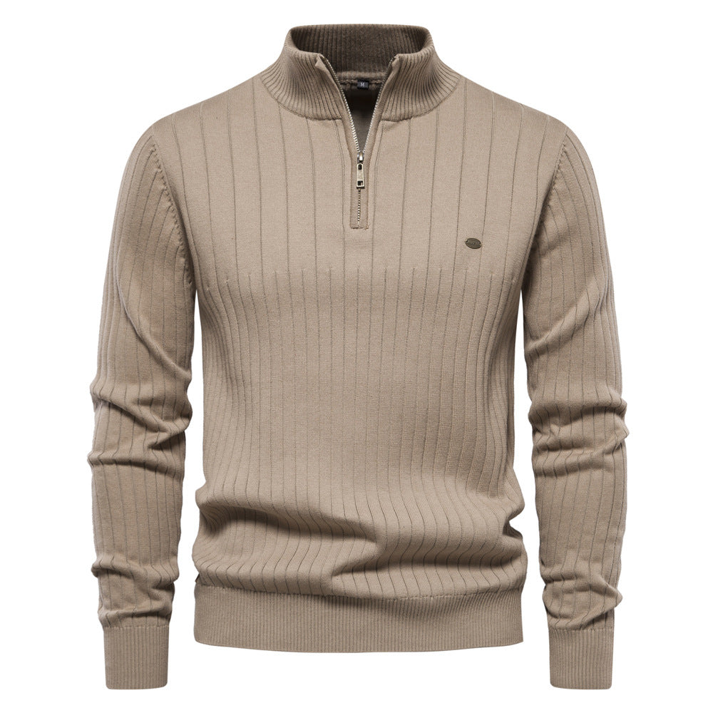 Stand Collar Men's Sweater Half Zipper Solid Color Sweater